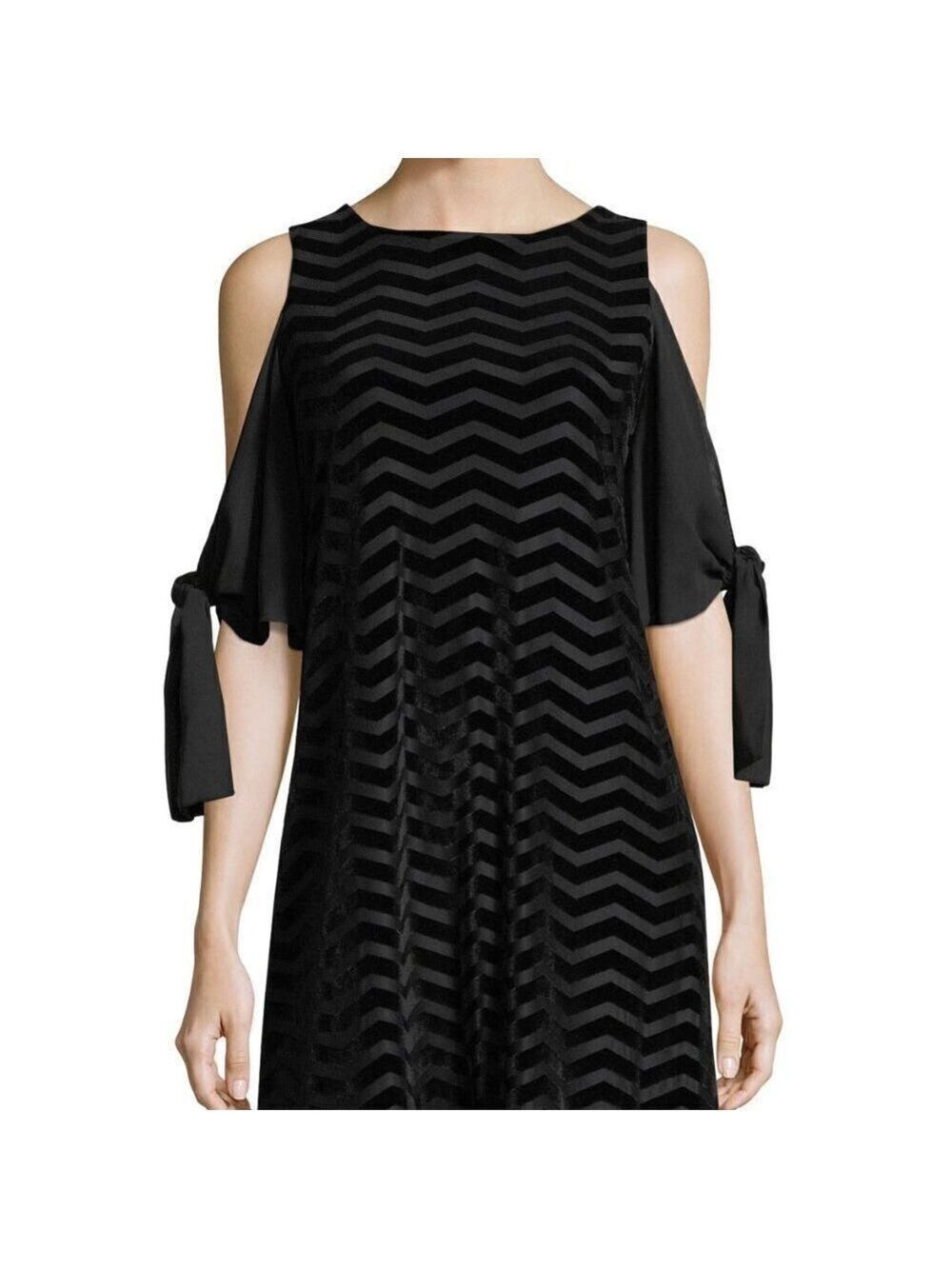 Women's Taylor Black Cold Shoulder Velvet Striped Chiffon Sleeve Dress, Size 8